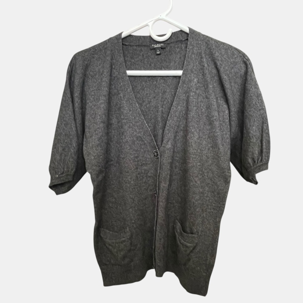 Talbots Cashmere Angora Blend Cardigan Sweater Charcoal Gray Large Short Sleeve